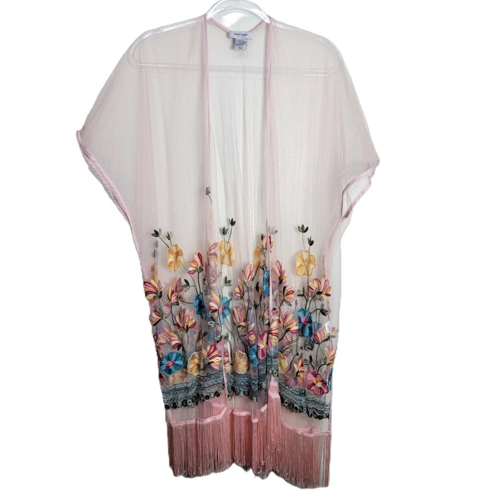 Haute Hippie Pink Floral Embroidered Mesh Kimono Fringe One Size Boho Coverup
